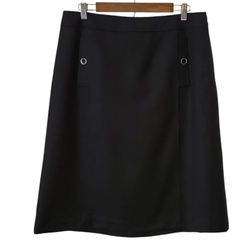 Talbots Black Italian Flannel Wool Button Detail A-Line Skirt Size 12